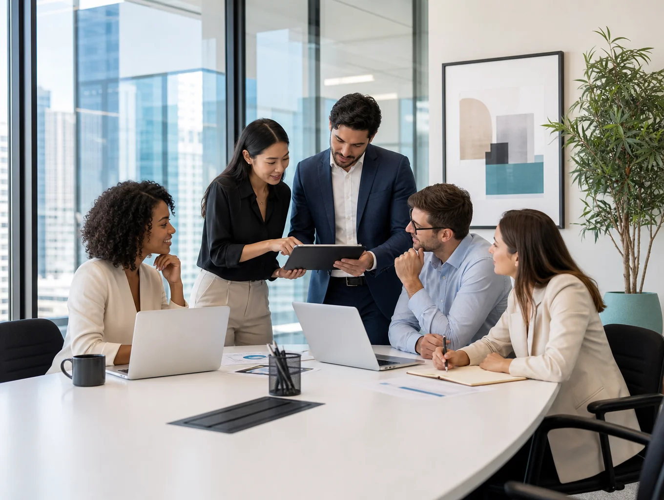 Professional team collaborating in a modern office environment